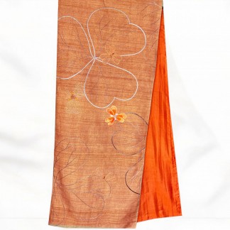 Orange silk scarf hand-embroidered with royal poinciana flowers 38*200 cm